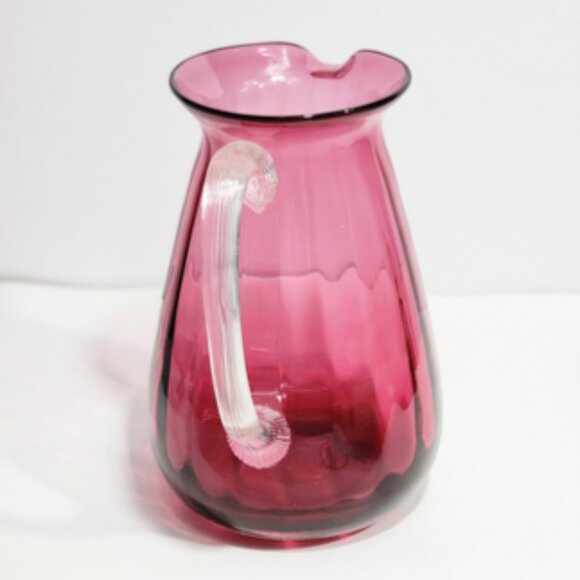Hand-Blown Pilgrim Cranberry Style Glass Int Optic Ribbed 7" Pitcher Jug Vase - Picture 4 of 11